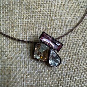Touchstone Crystal Wire Necklace Swarovski Geometric Pendant Bronzed Metal 18”